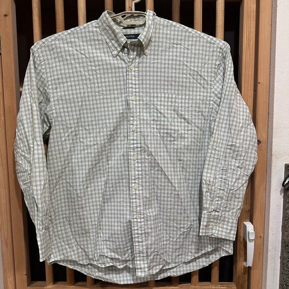 Nautica Button Up Shirt Men XL Brown White Blue Plaid 100% Cotton Two Ply Preppy - Picture 1 of 7